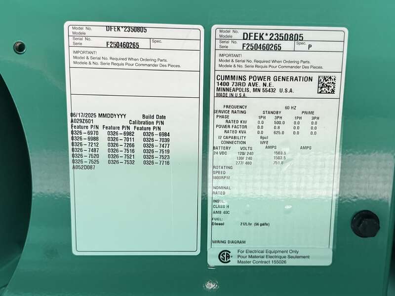 New Cummins DFEK QSX15-G9 Diesel Generator EPA Tier 2