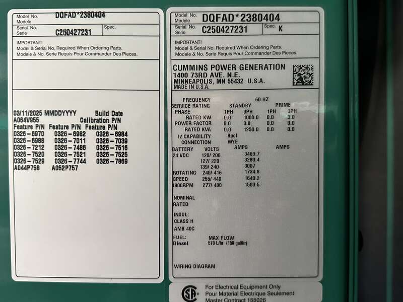 New Cummins DQFAD QST30-G5 NR2 Diesel Generator, EPA Tier 2