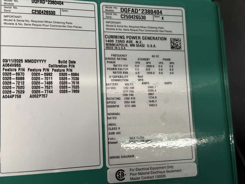 New Cummins DQFAD QST30-G5 NR2 Diesel Generator, EPA Tier 2
