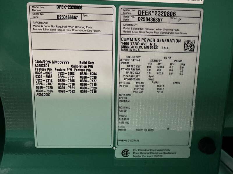 New Cummins DFEK QSX15-G9 Diesel Generator EPA Tier 2