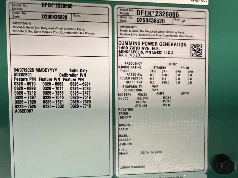 New Cummins DFEK QSX15-G9 Diesel Generator EPA Tier 2