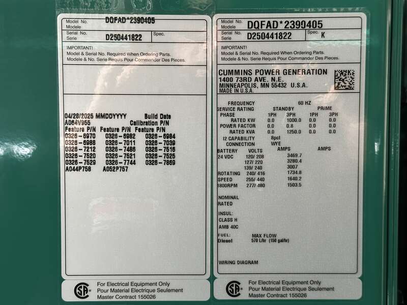 New Cummins DQFAD QST30-G5 NR2 Diesel Generator, EPA Tier 2