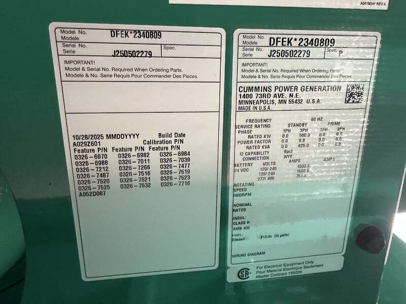 New Cummins DFEK QSX15-G9 Diesel Generator EPA Tier 2