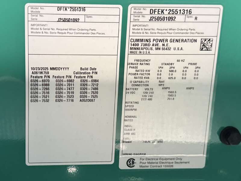 New Cummins DFEK QSX15-G9 Diesel Generator EPA Tier 2