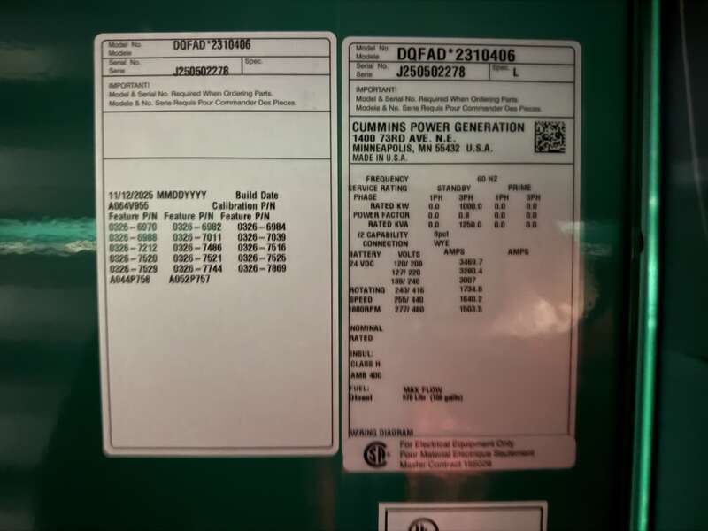 New Cummins DQFAD QST30-G5 NR2 Diesel Generator, EPA Tier 2