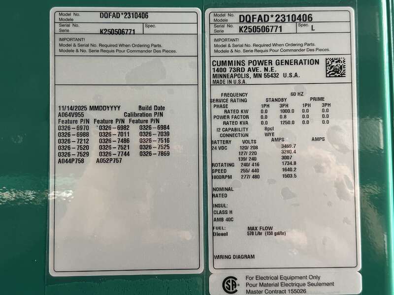 New Cummins DQFAD QST30-G5 NR2 Diesel Generator, EPA Tier 2 