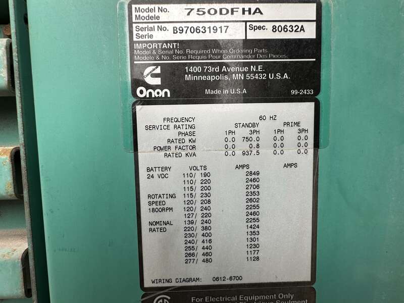 Used Cummins 750DFHA Diesel Generator, 1072 Hrs