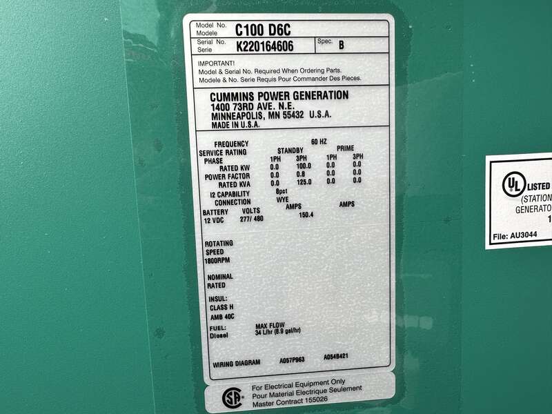 New Cummins C100D6C QSB5-G13 Diesel Generator, EPA Tier 3