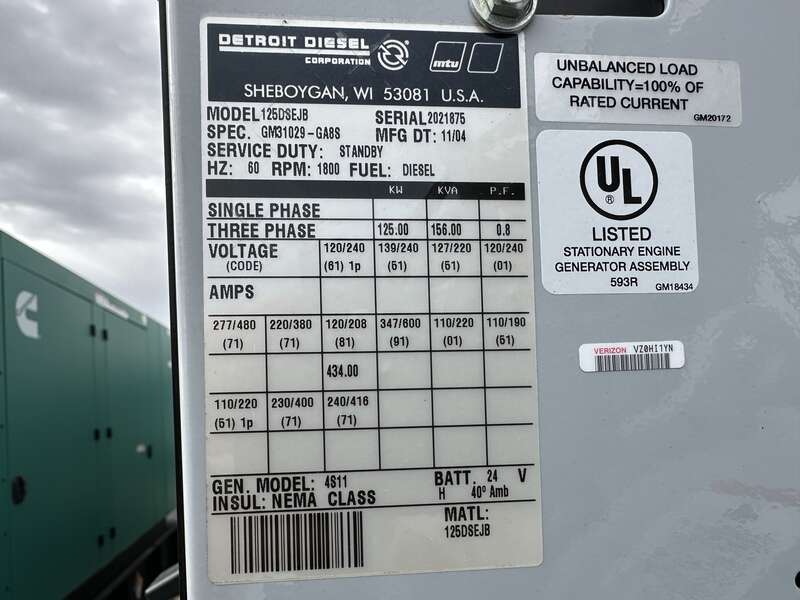 Used Detroit Diesel 125DSEJB John Deere 6068TF250 Diesel Generator, 94 Hrs