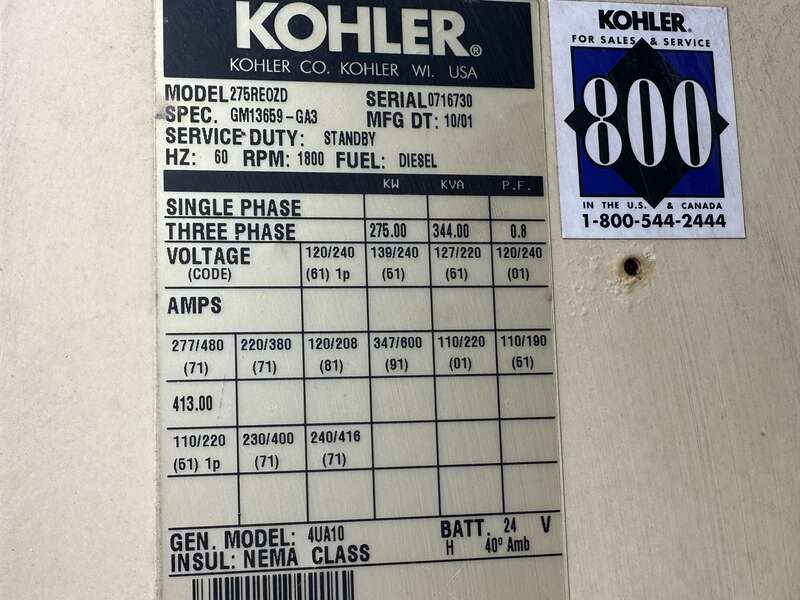 Used Kohler 275REOZD Diesel Generator, 103 Hrs