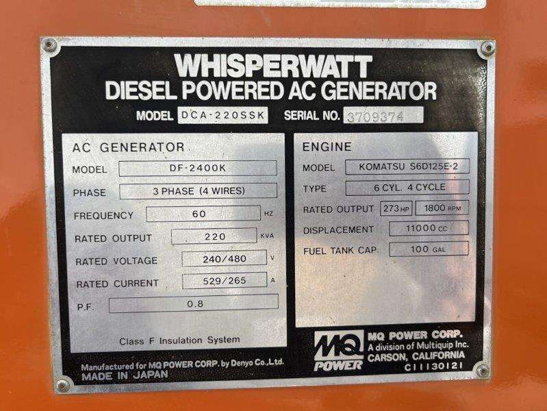 Used Multiquip DCA-220SSK Rental Grade Diesel Generator, 2079 Hrs