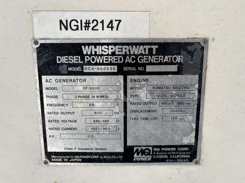 Used Multiquip DCA-800SSK Diesel Generator, 8668 Hrs