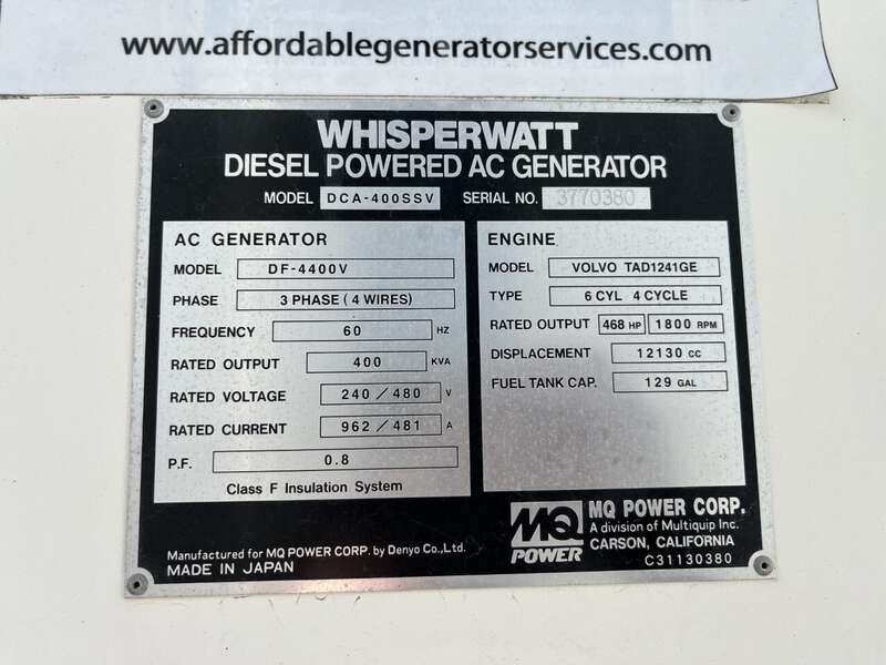 Used Multiquip DCA-400SSV Rental Grade Diesel Generator, 5392 Hrs