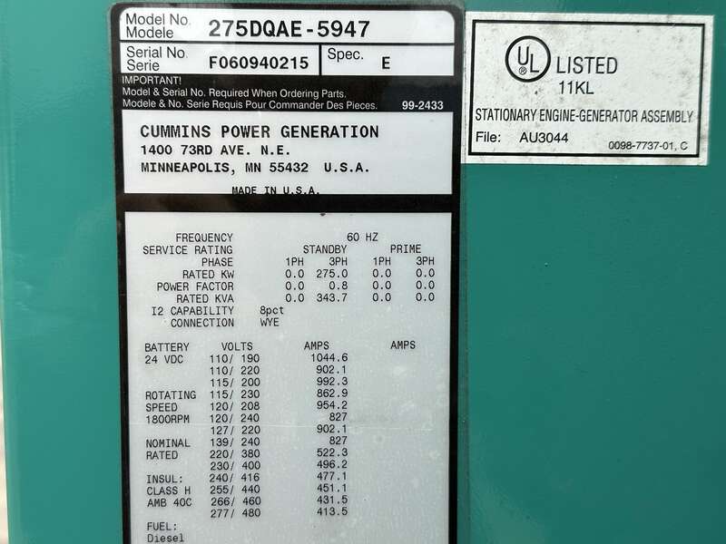 Used Cummins 275DQAE Diesel Generator, 150 Hrs