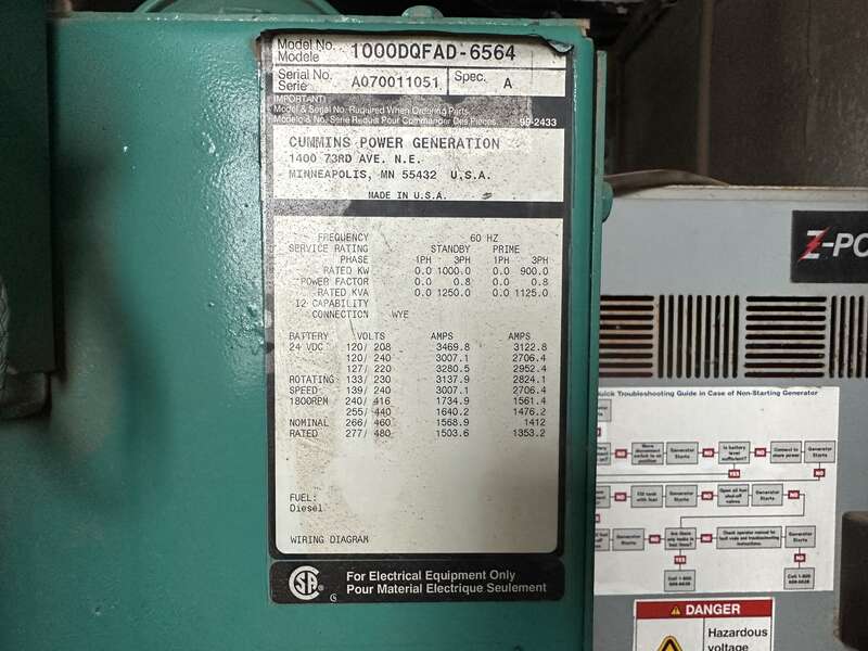 Used Cummins DQFAD Diesel Generator 10921 Hrs, EPA Tier 2