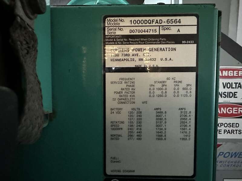 Used Cummins DQFAD Diesel Generator 10748 Hrs, EPA Tier 2