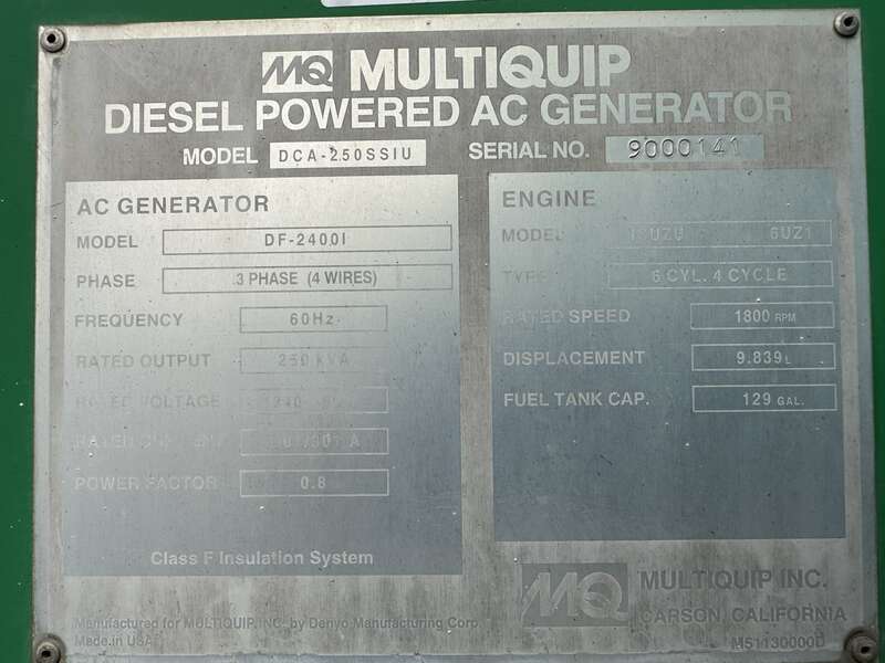 Used Multiquip DCA-250SSIU Diesel Generator 3685 Hrs EPA Tier 3