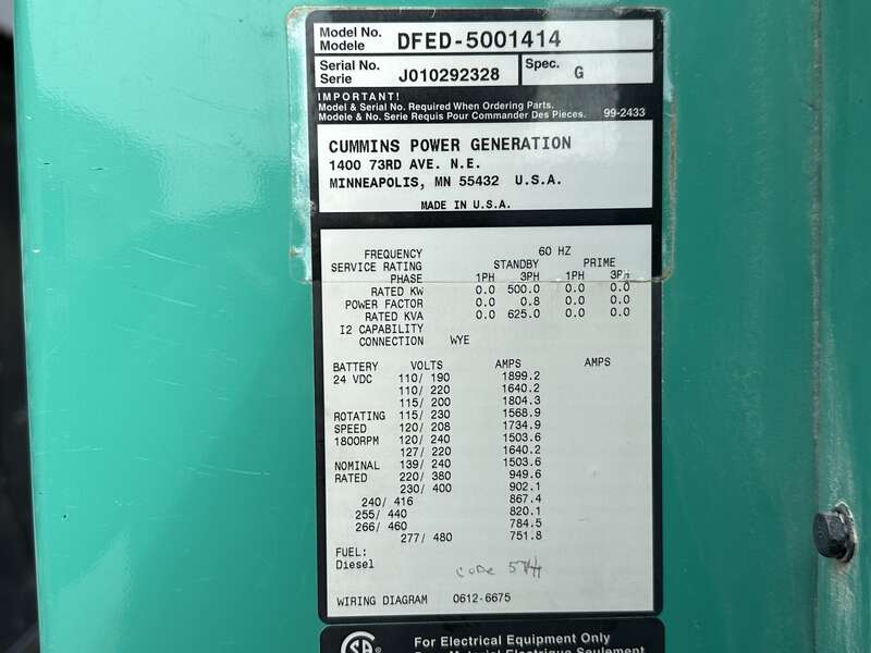 Used Cummins DFED KTA19-G4 Diesel Generator, 5814 Hrs