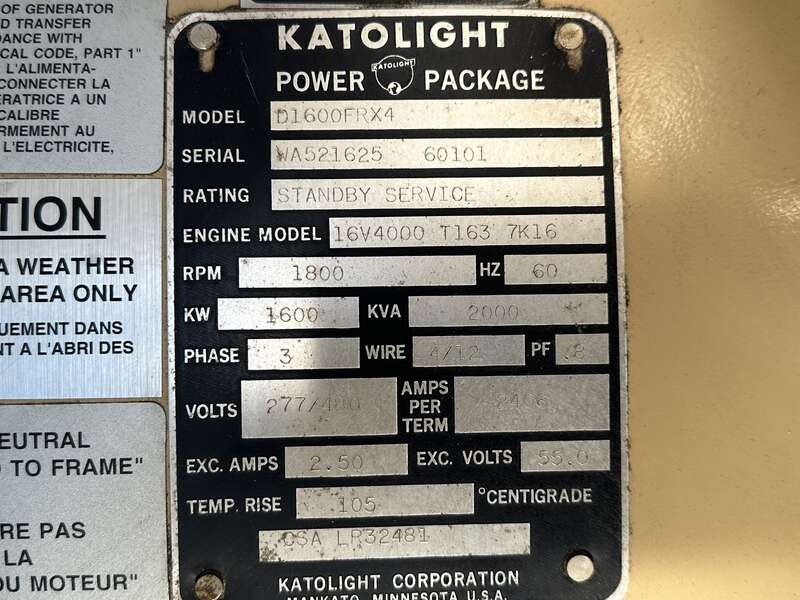 Used Katolight D1600FRX4 Diesel Generator, 608 Hrs