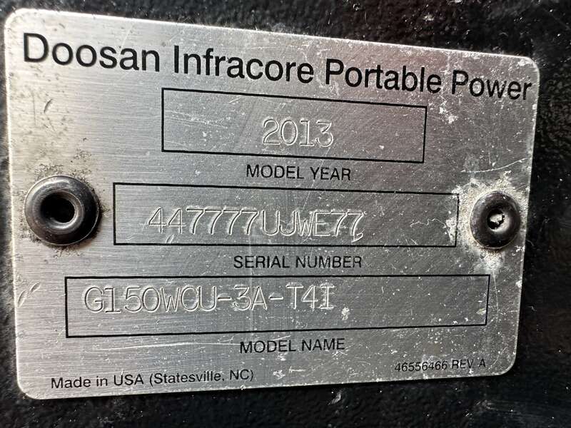 Used Doosan G150 Rental Grade Diesel Generator, 6673 Hrs, EPA Tier 4i
