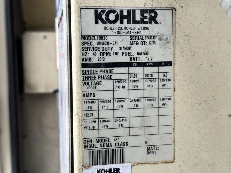 Used Kohler 80REZG Natural Gas / Propane Generator 436 Hrs EPA Certified