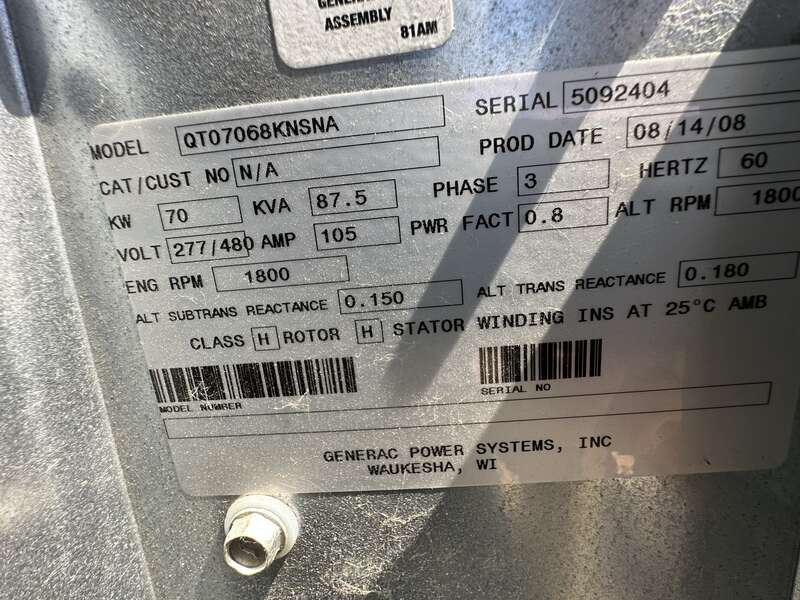 Used Generac QT070 Natural Gas Propane Generator, 423 Hrs