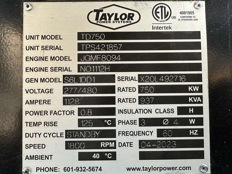 New Taylor Power Systems TD750 Diesel Generator EPA Tier 2