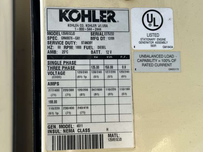 Used Kohler 125REOZJD Diesel Generator, 491 Hrs, EPA Tier 3