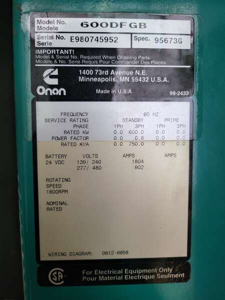 Used Cummins DFGB VTA28-G5 Diesel Generator, 676 Hrs