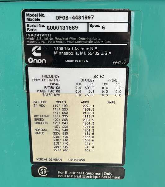 Used Cummins DFGB VTA28-G5 Diesel Generator, 367 Hrs