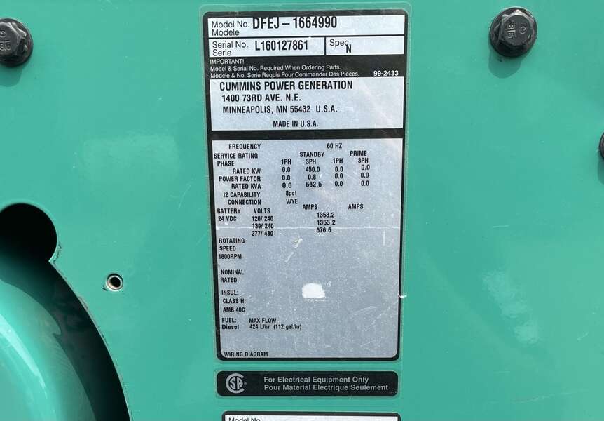 Used Cummins DFEJ QSX15-G9 NR2 Diesel Generator 201 Hrs EPA Tier 2