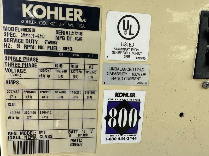 Used Kohler 60REOZJB Diesel Generator, 548 Hrs, EPA Tier 2