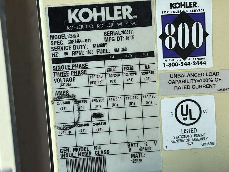 Used Kohler 125RZG Natural Gas Generator, 378 Hrs