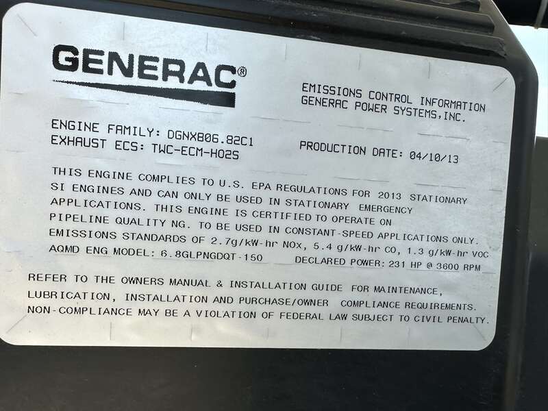Used Generac QT150 Natural Gas / Propane Generator, 99 Hrs, EPA Certified