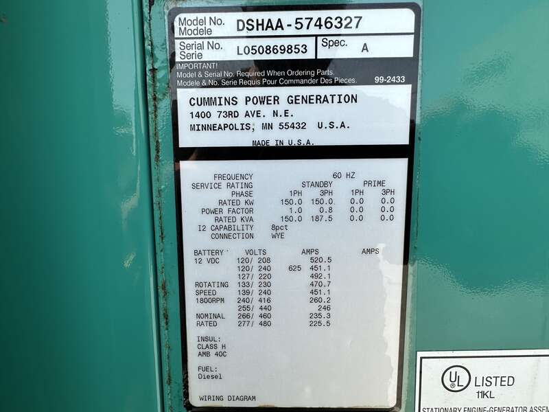 Used Cummins DSHAA QSL9-G2 Diesel Generator, 289 Hrs 1 or 3 Phase