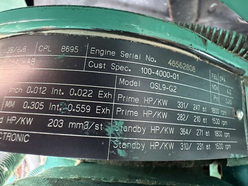 Used Cummins DSHAA QSL9-G2 Diesel Generator, 289 Hrs 1 or 3 Phase