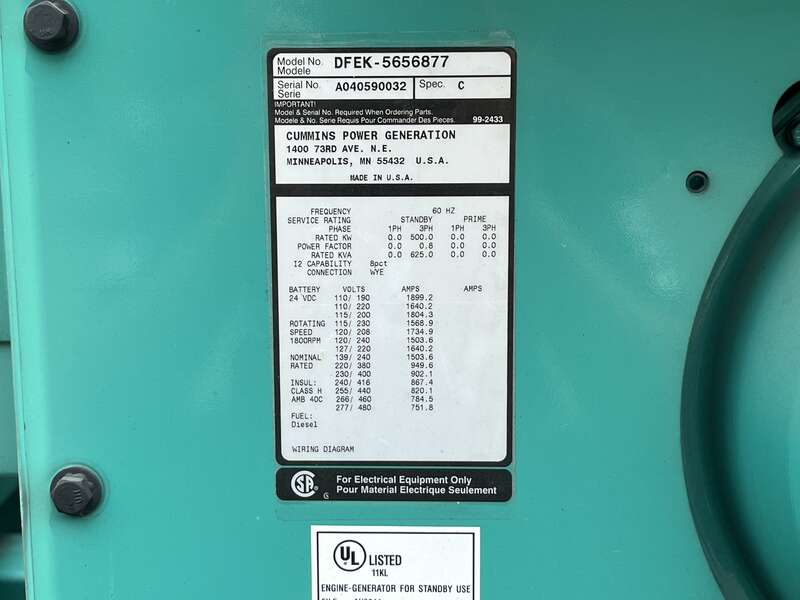 Used Cummins DFEK QSX15-G9 NR2 Diesel Generator 683 Hrs EPA Tier 2
