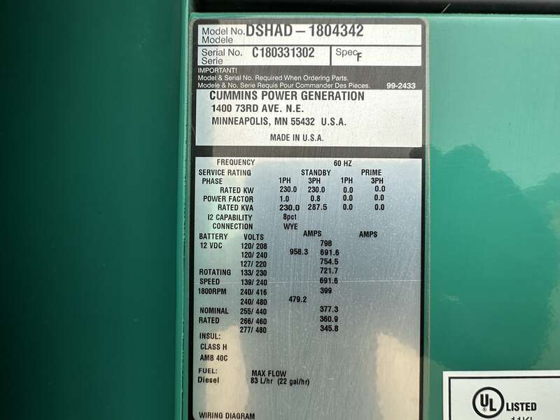 Cummins DSHAD QSL9-G2 NR3 Diesel Generator EPA Tier 3, 25 hours