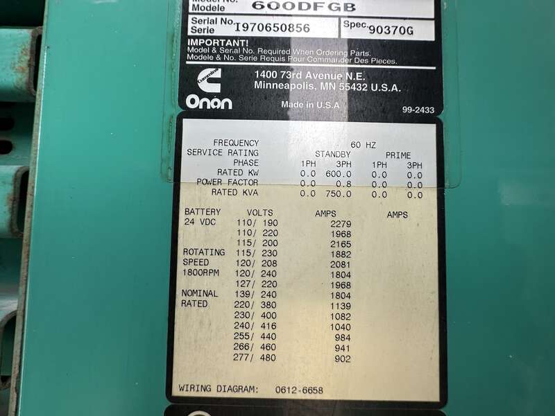 Used Cummins DFGB VTA28-G5 Diesel Generator, 890 Hrs