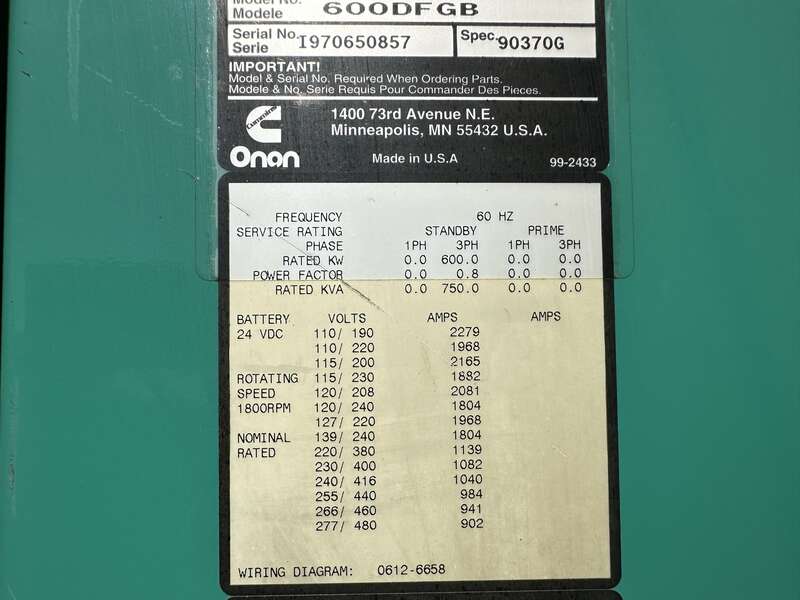 Used Cummins DFGB Diesel Generator, 651 Hrs