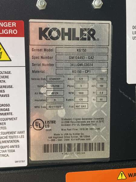 New Kohler KG150 Natural Gas / Propane Generator, 0 Hrs, EPA Certified