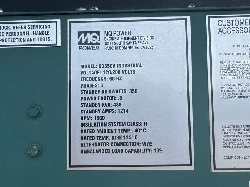 Used MQ Power KD350V  Diesel Generator, 192 Hrs