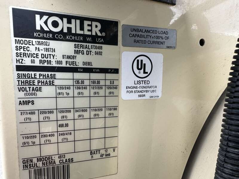 Used Kohler 135ROZJ John Deere 6081TF001 Diesel Generator, 368 Hrs