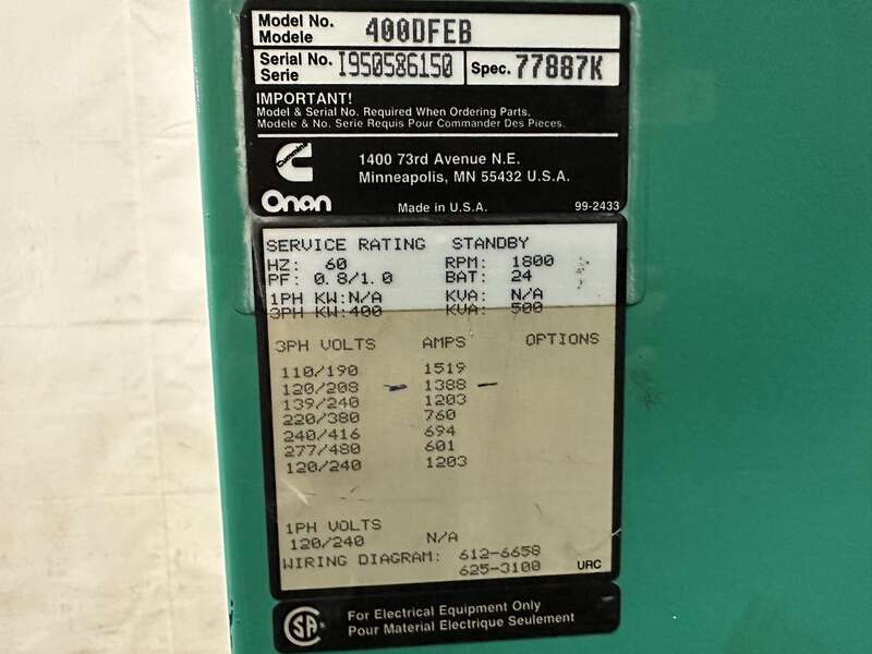 Used Cummins DFEB KTA19-G2 Diesel Generator, 421 Hrs