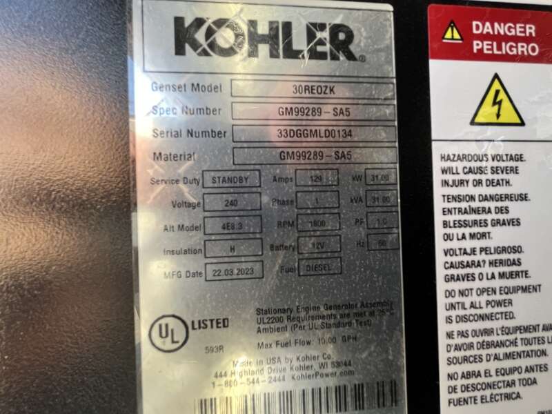 New Kohler 30REOZK Diesel Generator, 0 Hrs, EPA Tier 3, Single Phase