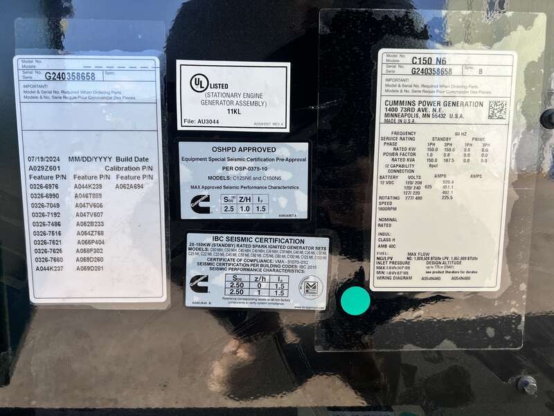 New Cummins C150N6 QSJ8.9G Natural Gas / Propane Generator, EPA Certified