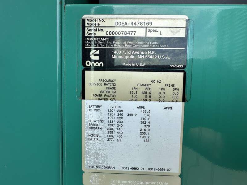 Used Cummins DGEA Diesel Generator, 182 Hrs