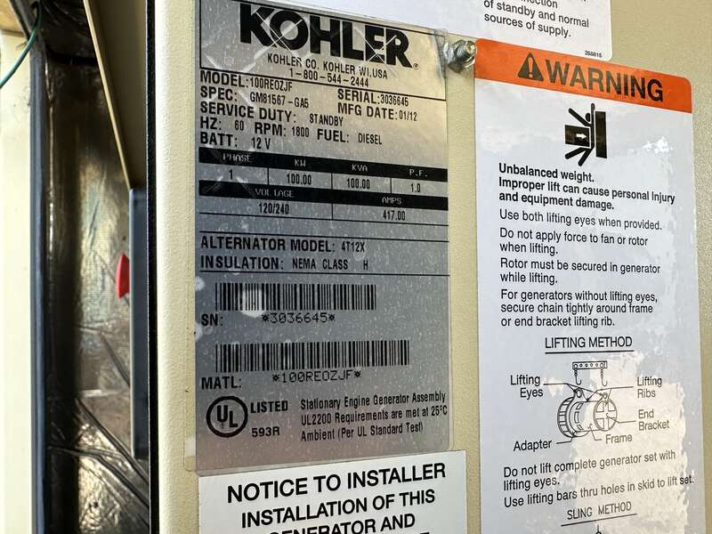 Used Kohler 100REOZJF Diesel Generator, 198 Hrs, EPA Tier 3 - Singe Phase