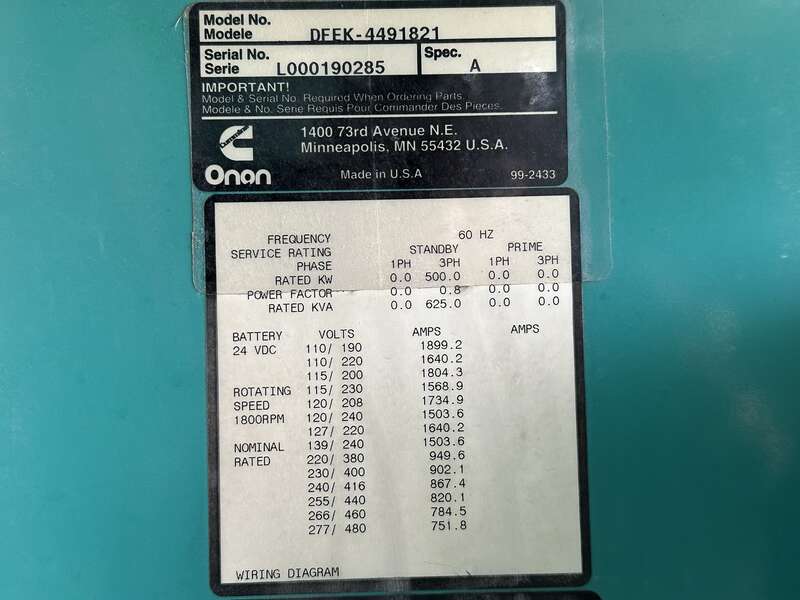 Used Cummins DFEK QSX15-G9 Diesel Generator, 47 Hrs