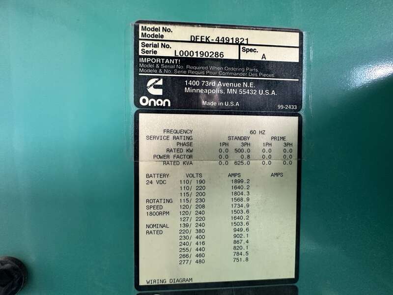 Used Cummins DFEK QSX15-G9 Diesel Generator, 53 Hrs